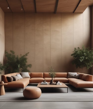 Modern interior design featuring a vertical wooden slat wall accent, a framed black-and-white photograph of hands releasing sand, and minimalistic decor including a candle holder and vases with dried plants. Light and airy with a contemporary aesthetic.