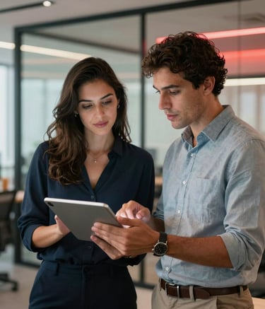 A high-quality photograph of a professional collaboration in a modern Brazilian coworking space. Two people in smart-casual attire are focused on a sleek tablet screen. The background is a sophisticated office with glass partitions and soft red ambient lighting. Realistic, crisp, professional atmosphere.