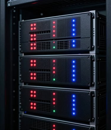 A detailed macro photograph of a modern server rack in a data center. Sleek black hardware with glowing red and neon blue indicator lights. The lighting is low-key and dramatic, emphasizing precision and high-tech infrastructure. Clean, professional composition.