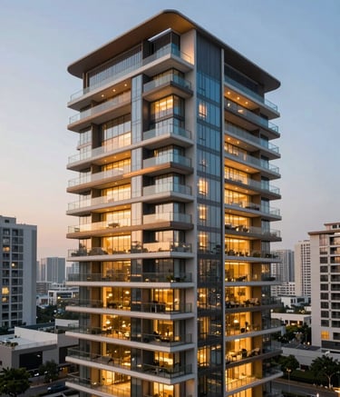 A wide-angle, high-end architectural photograph of a modern residential building in a thriving South Asian city during the golden hour. The building features large glass balconies and warm interior lights, showcasing luxury and modern living. The sky is a soft twilight blue.