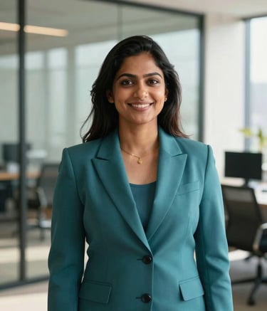 A professional and friendly portrait of Nandini, a South Asian woman in her early 30s, dressed in a sharp teal business suit. She is smiling warmly towards the camera in a modern, sunlit office with blurred glass walls in the background. The lighting is soft and natural, emphasizing a trustworthy and expert real estate persona.