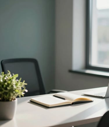A calm, professional atmosphere in a Central European office setting. A modern desk with a notebook and a small green plant, soft natural sunlight streaming through a window, muted blue-gray and sage green tones, high-quality photography.