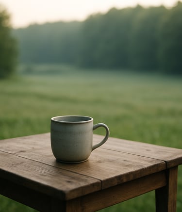 A serene Central European landscape with a soft-focus forest background in sage green. In the foreground, a simple wooden table with a ceramic cup, symbolizing a calm and grounded lifestyle. Soft morning light, empathetic and professional style.