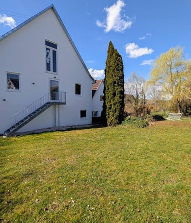 eine frisch sanierte Fassade in weiß. im Vordergrund eine grüne Wiese