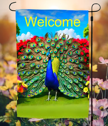 A garden flag picturing a brightly colored peacock and the word welcome.