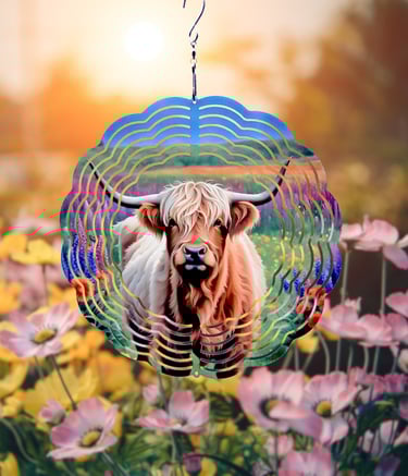 a wind spinner picturing a highland cow.