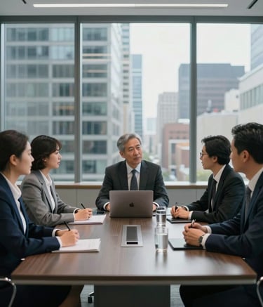 A group of professional real estate experts in a collaborative meeting around a sleek conference table. The environment is a modern, high-rise office in a North American city, with a palette of dark navy and soft gray.