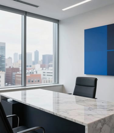 A sophisticated, high-end North American real estate office interior. Clean white walls, a large window showing a blurred cityscape, and a minimalist marble desk. The lighting is soft and natural, reflecting a professional and trustworthy atmosphere with accents of dark navy and electric blue in the decor.