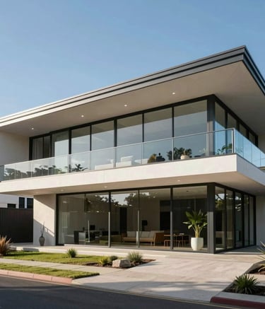 A wide-angle shot of a contemporary Australian architectural home featuring clean lines, large glass panels, and a sleek metal roof. The setting is bright and airy under a clear blue sky, emphasizing modern luxury and sophisticated real estate design.