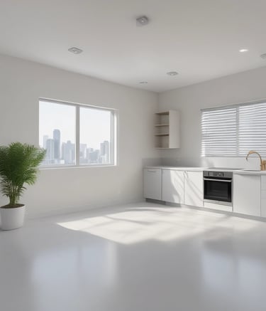 A tall red residential building with several air conditioning units fixed to its exterior, and a few individuals visibly performing maintenance work or cleaning on the windows. A curved road runs parallel to the building, with a couple of cars driving by. In the distance, other high-rise buildings are visible, along with trees providing some greenery to the urban landscape.