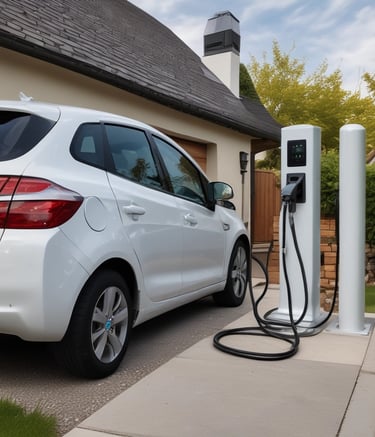 Close-up view of an electric vehicle charging port with a charging cable plugged into it. The port is labeled with the letters 'Z.E.' and is set against a smooth, dark-colored surface with a glossy finish.