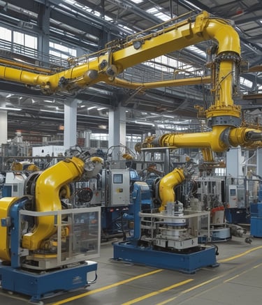 A construction site featuring a large red crane lifting a concrete section with a massive hole, positioned above a series of similar concrete sections placed in a trench. Workers wearing helmets and high-visibility vests are visible among the structures. In the background, there is a red and brown building and a clear blue sky with some clouds.
