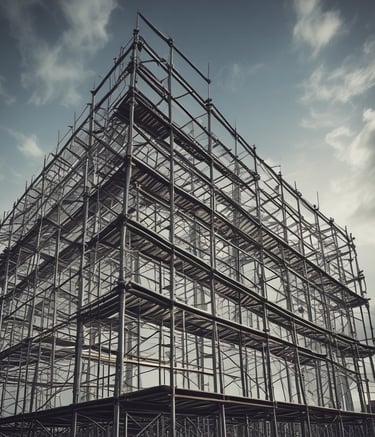 A historic building is under renovation with bright yellow scaffolding on the facade. The building is set against a backdrop of modern high-rise structures. A crane is visible above, indicating ongoing construction work in the area.