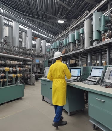 A complex network of industrial equipment featuring shiny metal pipes and machinery, including motors and valves. The setup appears to be part of a processing or manufacturing plant, highlighting various components and instrumentation involved in industrial operations.