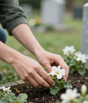 A close-up of a volunteer's hands gently tending to a flower bed in a peaceful cemetery garden. The image features soft textures and a calming atmosphere, with muted greens (#6C7C71) and clean white flowers (#F7F9F7) in soft focus in the background.