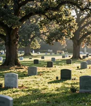 A wide-angle, peaceful shot of the Narrows Farm and Pet Cemetery during early morning. Sunlight filters through oak trees, casting soft shadows over a field of manicured grass and small, dignified memorial stones. The color palette features natural shades of deep green (#3C4B40) and light sage (#B5C0B7).