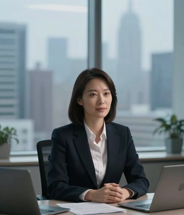 A professional consultant sitting at a desk in a modern North American / Canadian office, dressed in professional attire. The background features large windows with a view of a city skyline, softly lit with frosted mist and soft sky blue tones. Sophisticated and trustworthy atmosphere.