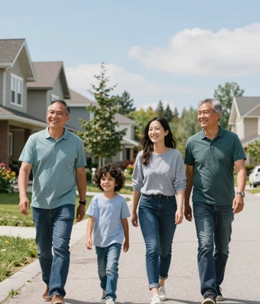 A happy family walking together in a beautiful North American / Canadian suburban neighborhood, smiling and looking optimistic. Bright natural lighting with accents of forest teal and soft sky blue in their clothing. Approachable and modern photography.
