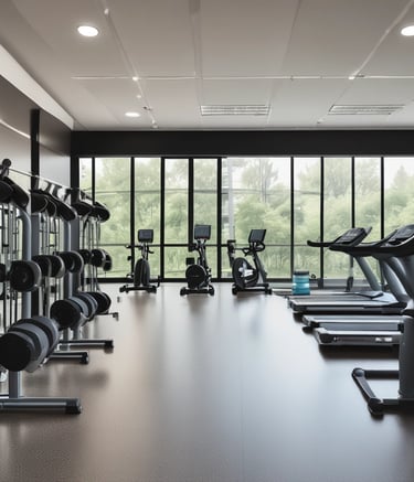 A gym room featuring several Cybex exercise machines arranged neatly. The machines are predominantly white with red seating, and the room has a clean, orderly appearance with overhead fluorescent lighting. The walls are a neutral color, and the flooring appears to be a mix of beige and light wooden tones.