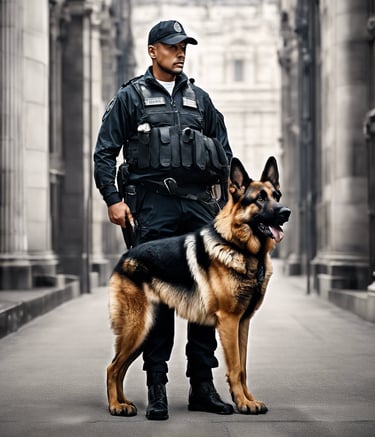 man in blue jacket walking with brown short coated dog on street during daytime