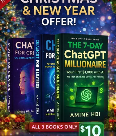 Holiday sale bundle of 3 ChatGPT and AI books for ten dollars featuring The 7-Day ChatGPT Millionaire.