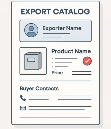 Digital illustration of an export catalog layout showing exporter name, product image, specifications, pricing, certification