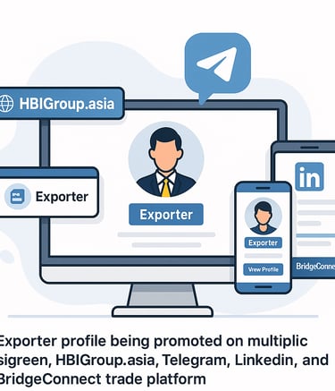 Illustration of an exporter profile displayed across multiple platforms including HBIGroup.asia, Telegram, LinkedIn, and Brid