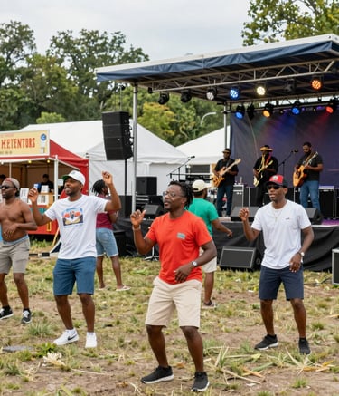 A bustling outdoor gathering with a diverse group of people walking and socializing. The setting includes trees, a modern building, and red shipping containers. Strung lights and large umbrellas create a festive atmosphere, hinting at an event or fair. The crowd is engaged in various activities like walking, talking, and gathering around tables.