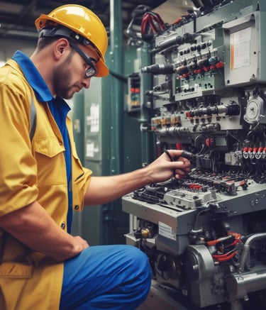 Industrial maintenance team working on heavy machinery in a factory setting.