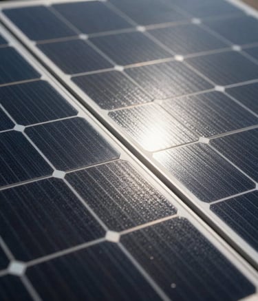 Detailed close-up of high-quality monocrystalline solar cells under direct sunlight, featuring deep black and shimmering silver textures. The lighting is sharp and technological, emphasizing innovation and premium energy solutions.