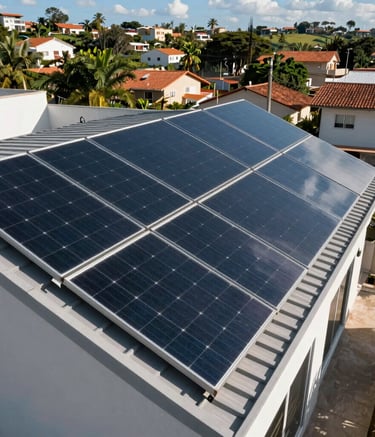 A high-angle shot of a premium residential roof in a South American / Brazilian neighborhood featuring a large, sleek array of modern black solar panels reflecting a bright blue sky. Professional, clean, and modern photography.