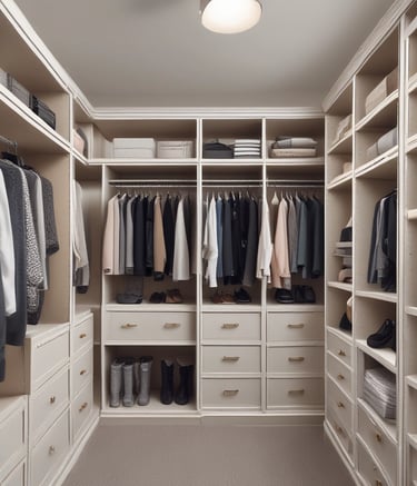 A well-organized wardrobe with custom shelving and storage solutions.