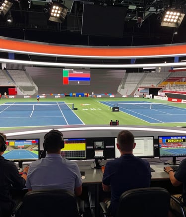 A person in a dark suit is holding a professional video camera in a room that appears to be a studio or set. The background includes a large blue illuminated window, some furniture, and various objects such as a globe.