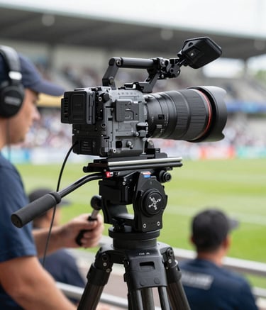 A person holds a professional video camera, pointing it directly at the viewer. The person has short, curly hair and wears a light brown jacket. The camera is positioned prominently in the center of the image, while the background is a plain, textured gray wall.