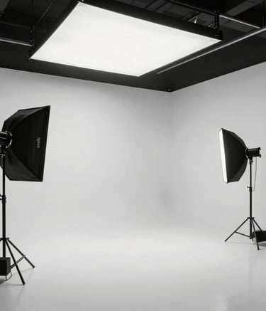 A professional video camera set on a tripod is surrounded by a vibrant display of pink and blue neon lights. The camera's viewfinder shows a digital display, indicating that it is turned on and possibly recording. The background features blurred vertical patterns of colored lights, creating a modern and dynamic atmosphere.