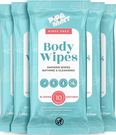 a pack of three body wipes with a white background