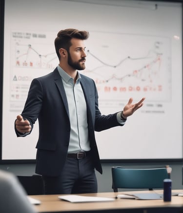 A man in a suit is speaking on stage with a large presentation slide behind him titled 'Keys to Social Media Success'. The slide lists several bullet points on successful social media strategies. The stage is lit with red and orange tones, and another part of the stage features striped panels emitting red light.