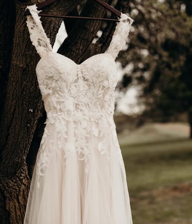 a wedding dress hanging on a tree