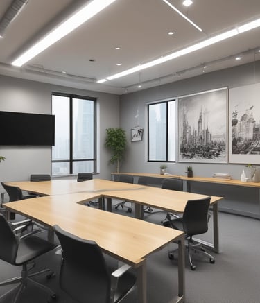 The room is a well-lit conference or training room with several rows of desks, each equipped with computer monitors and ergonomic chairs. A large projector screen is mounted on the beige wall, flanked by two plants. The room is illuminated by a grid of ceiling lights, and a whiteboard stands in the corner.