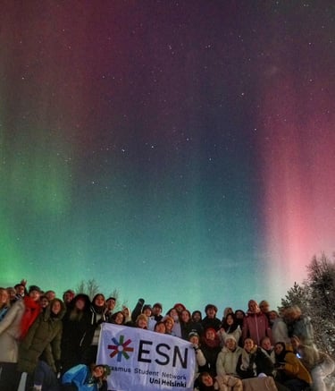 a group of people standing in front of a green and purple sky with auroras in the background