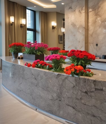 a reception table with flowers in a lobby