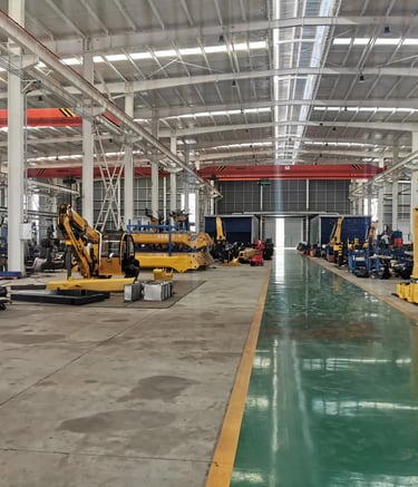 Our Zorylift factory floor: we precisely assemble articulated & knuckle boom cranes.