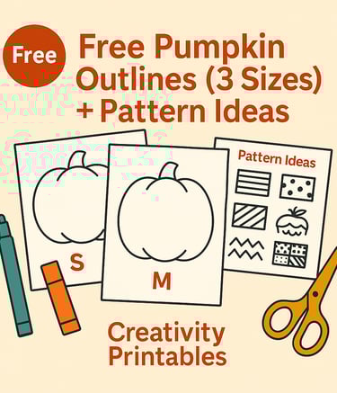 Free printable pumpkin outlines in three sizes with pattern ideas sheet, shown with craft supplies.
