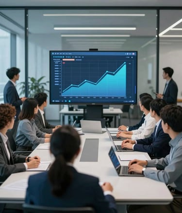 A sophisticated digital strategy meeting in a high-tech office. A diverse team of professionals is seen from a distance, with reflections on glass windows. The room has a modern blue lighting aesthetic with accents of #0D1B2A and #21364F. Sharp focus on a digital screen displaying growth charts.