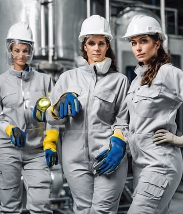 trabajadoras colocándose overol guantes casco protección ocular para iniciar actividades