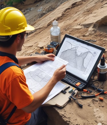 Aerial view of an open-pit mine with visible layers of excavated earth. The terrain is marked by striations and varying earth tones, indicating different mineral deposits. Sparse vegetation or water may be present in certain areas.