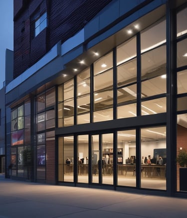 Modern apartment buildings with curved glass facades are partially obscured by dense greenery and trees, creating a harmonious blend of architecture and nature. In the foreground, a warmly lit street lamp stands out against the surrounding foliage, adding a cozy element to the scene.