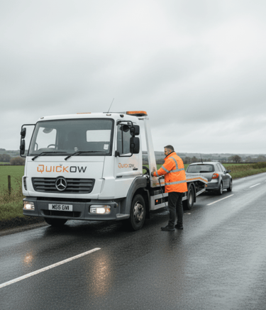 Quickow vehicle recovery service assisting a car on a UK roadside.