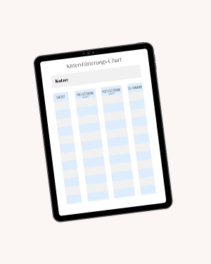 ein Tablet mit der Abbildung einer Tabelle für Fütterungsmengen von Kitten