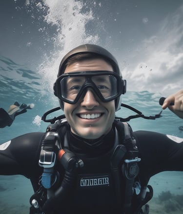 Several scuba diving gear sets, including tanks and hoses, are neatly arranged on a bench on a boat. The background shows clear blue ocean water with gentle waves, indicating a serene environment perfect for diving activities.